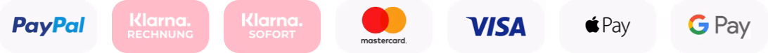 Zahlarten: PayPal, Klarna, Mastercard, Visa, Apple Pay, Google Pay, Überweisung